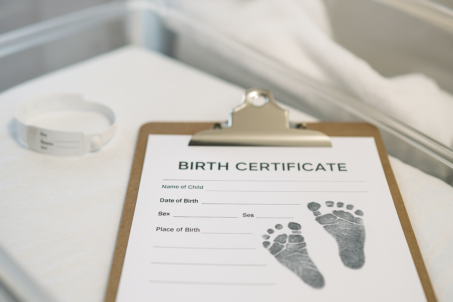 Birth certificate with baby footprints on clipboard