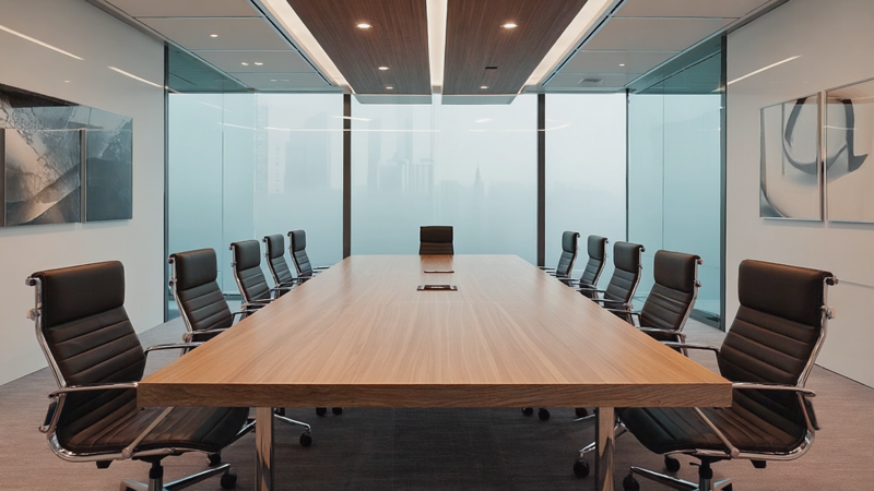 Modern corporate boardroom with oval wooden table and frosted glass walls