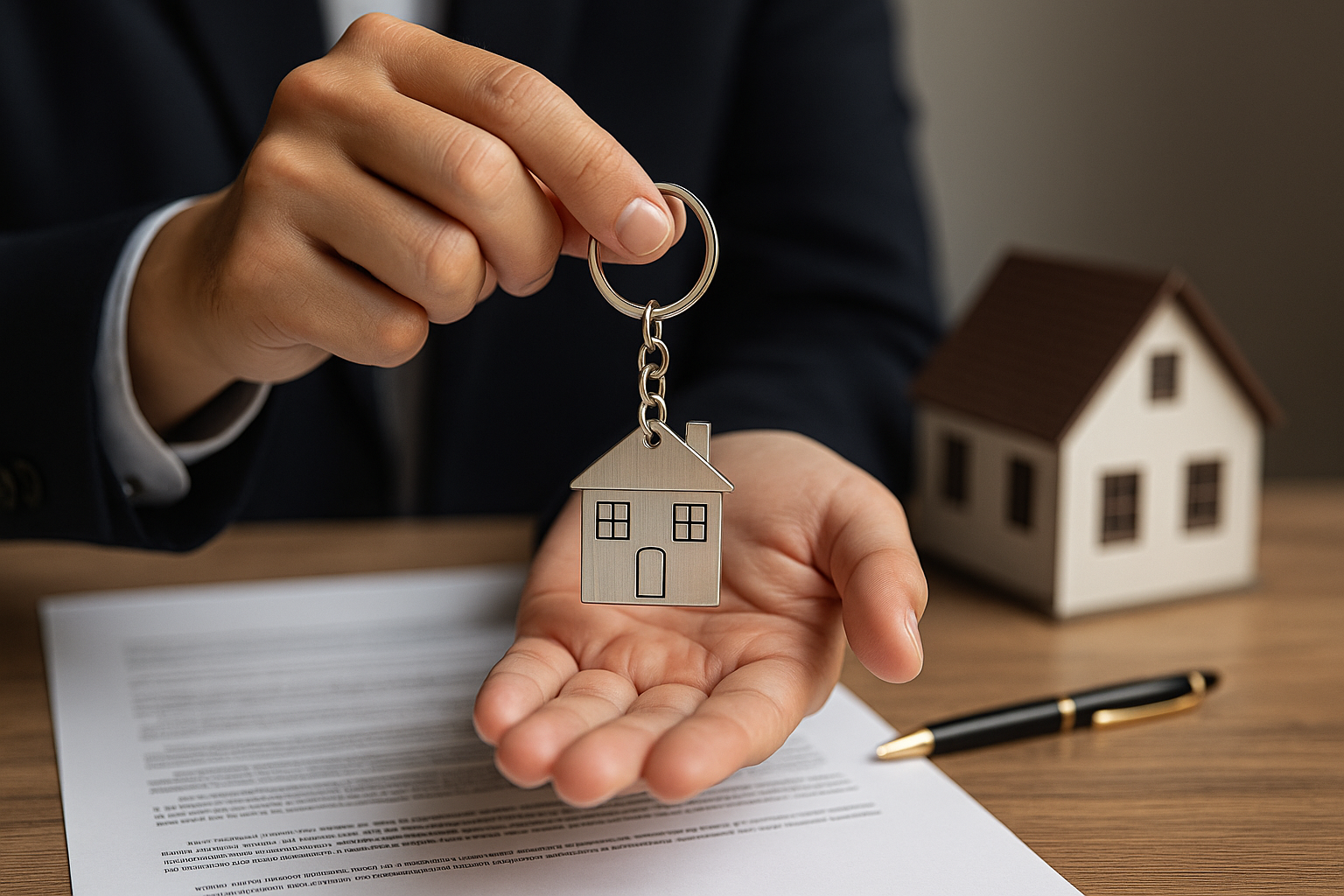 Hands holding house keychain over property documents