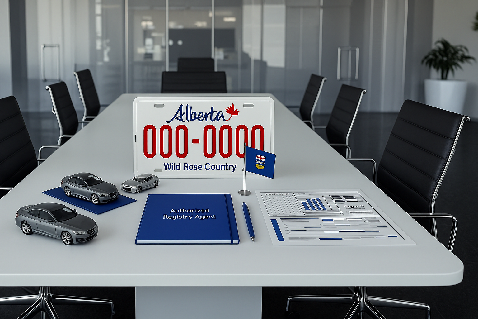 Professional conference room with Alberta license plate, model vehicles, registry documents, and Alberta flag on white table