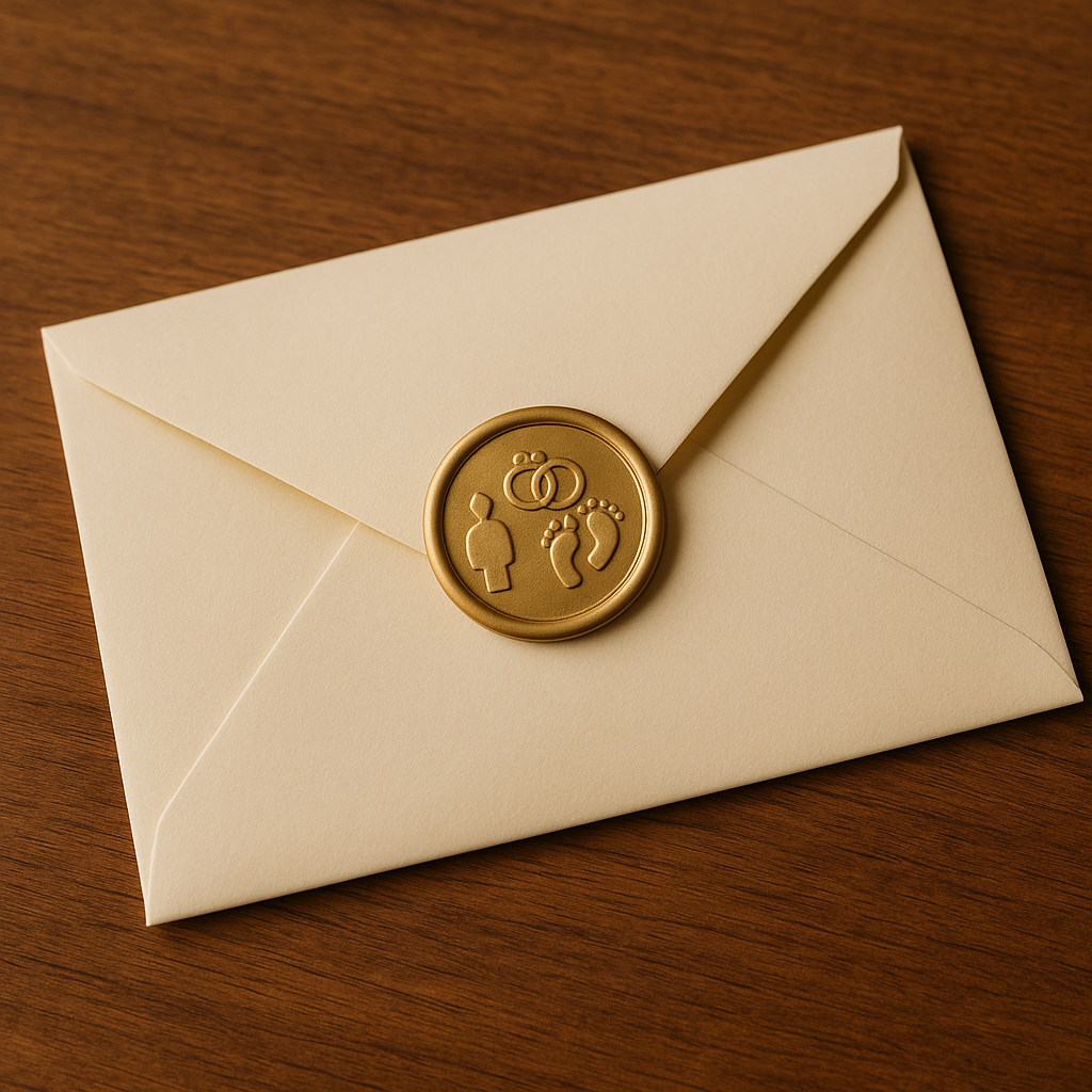 Elegant envelope with gold wax seal containing vital statistics symbols